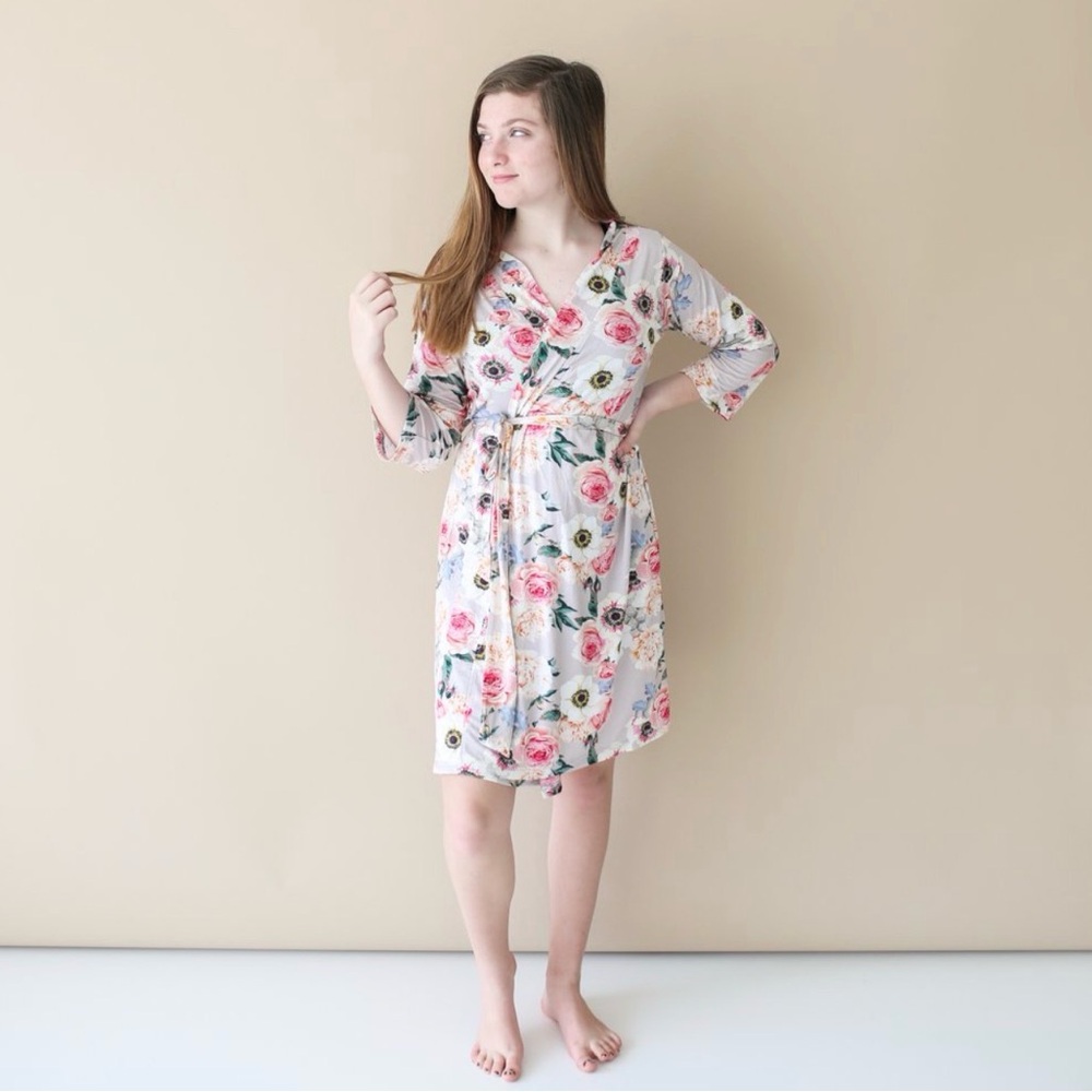 Posh Peanut Floral Wrap Robe - White with Pink & Green